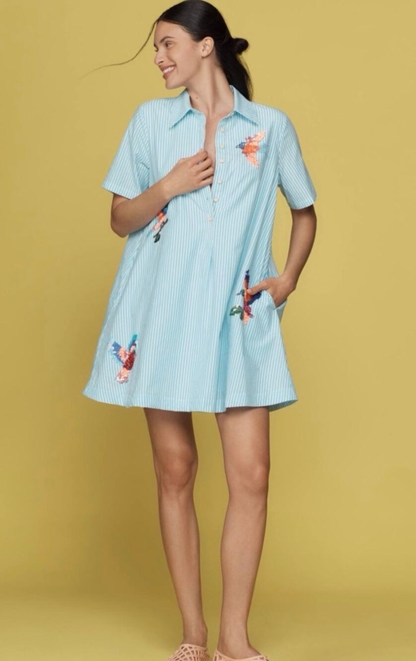 Anthropologie Pollie Swing Mini Dress Blue Motif Small Parrot Bird Sequins Tunic